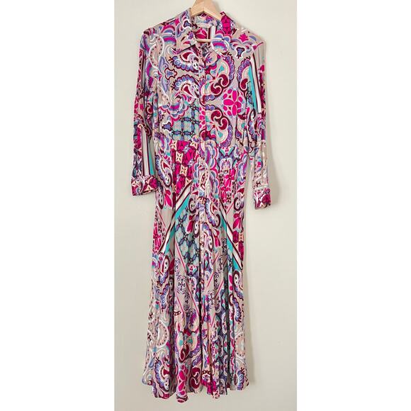 Soft Surroundings Palmero Maxi Dress Floral Fuschia Soho Shirtdress Pink Gold PS - Picture 6 of 9